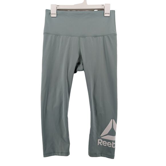 Reebok Capri Leggings M Blue Workout Activewear Wide Waistband Logo Slim Fit Gym - Picture 1 of 12